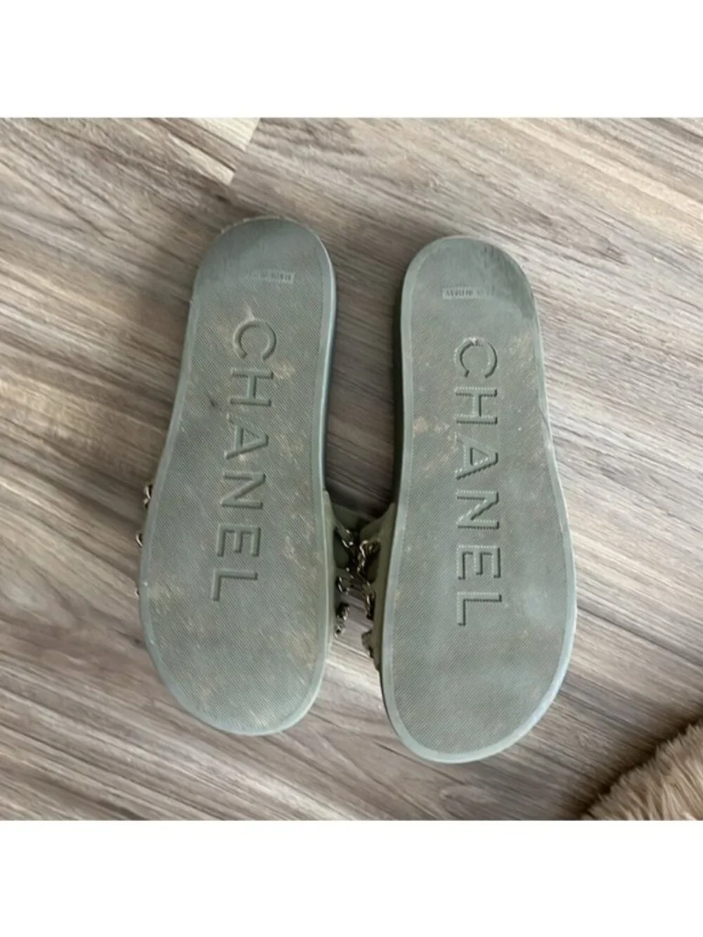 CHANEL RESORT 17 Chain Slide Mule Army Gold Sandals Dangle CC Logo Leather Sanda
